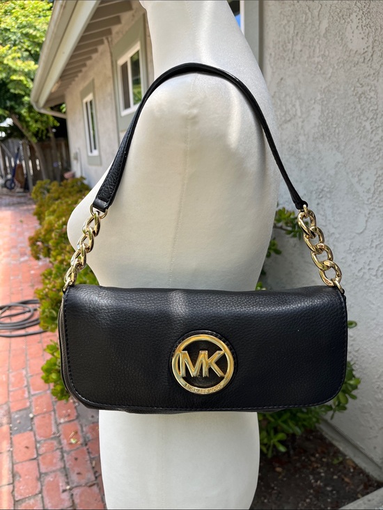 Michael Kors Handbags - Michael Kors Black Leather Shoulder Bag with Gold MK Emblem